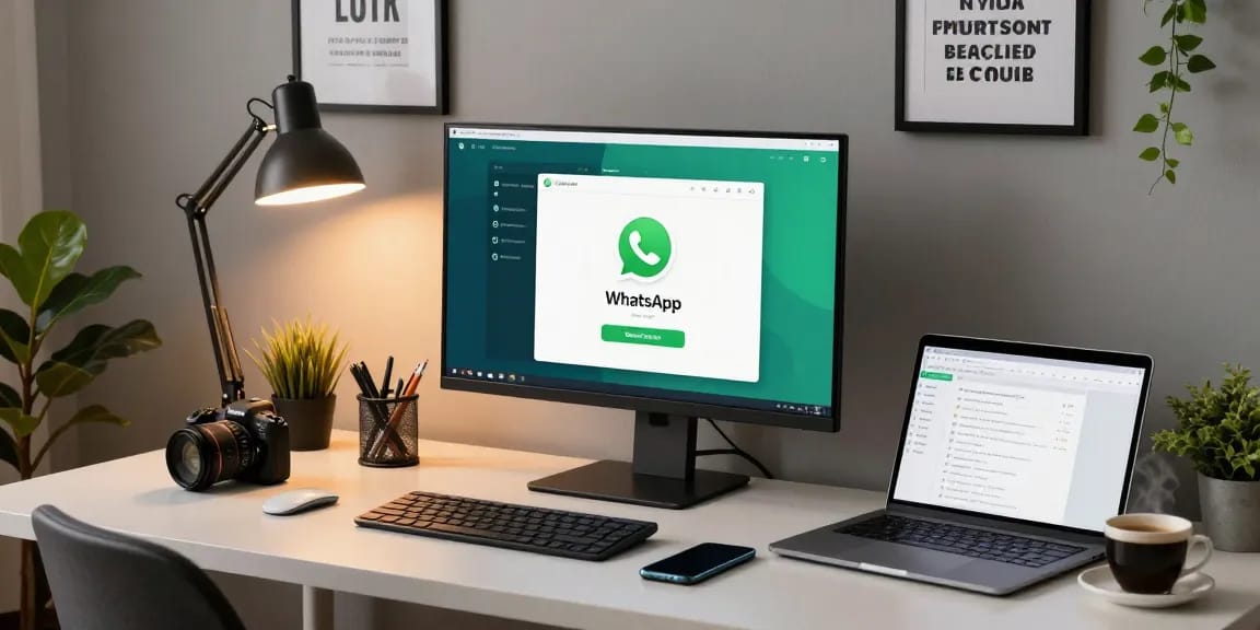 Efficient workspace showcasing WhatsApp電腦版 on a desktop, organized desk with technology and greenery.