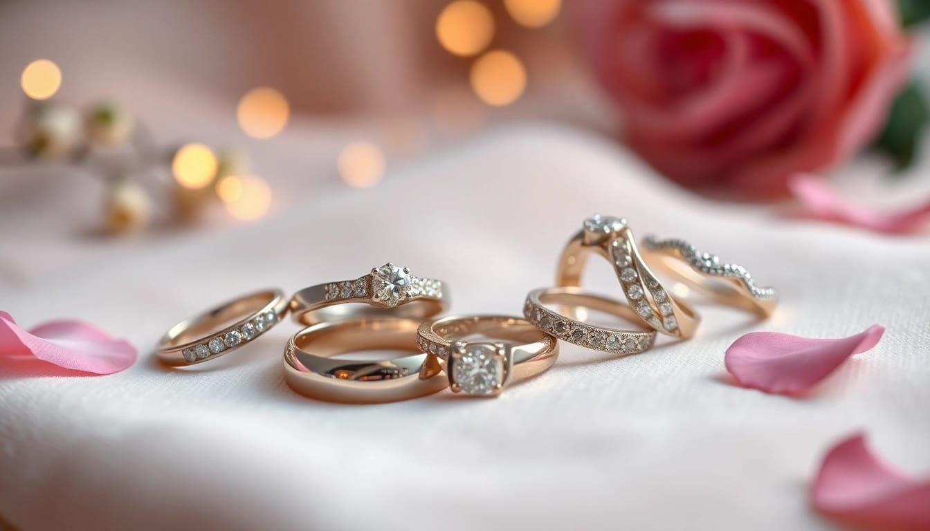 Admiring exquisite wedding rings in diverse styles on a velvet backdrop.