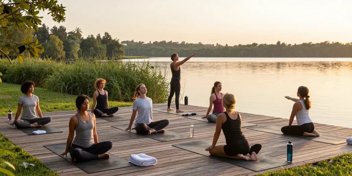 Engaging in vinyasa yoga teacher training Sri Lanka lakeside, serene practice environment.