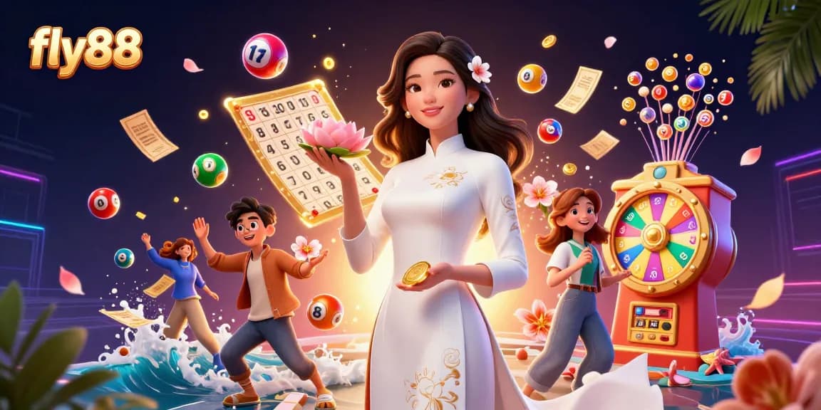 Experience the thrill of fly88 as elegant characters engage in dynamic gambling with colorful lottery elements.