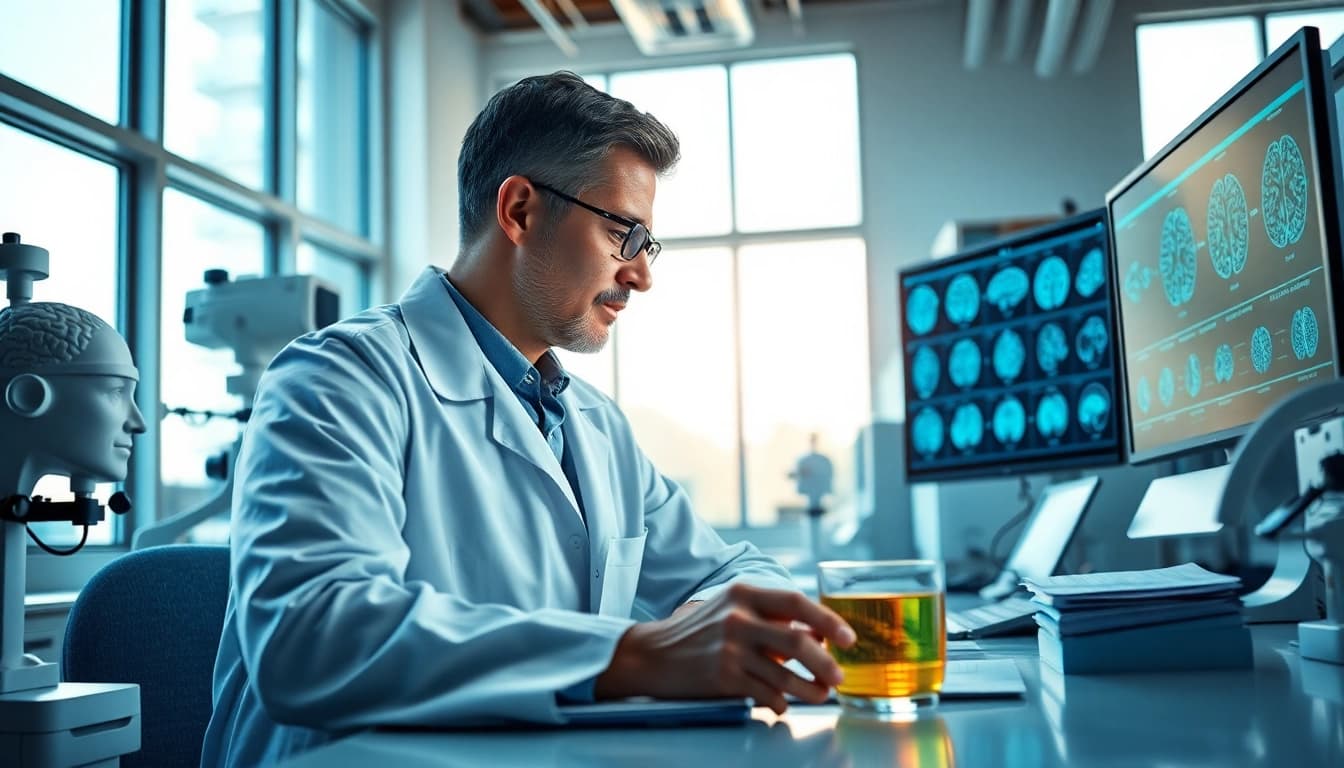 Researching brain fog symptoms in a lab with cognitive testing equipment and brain models.