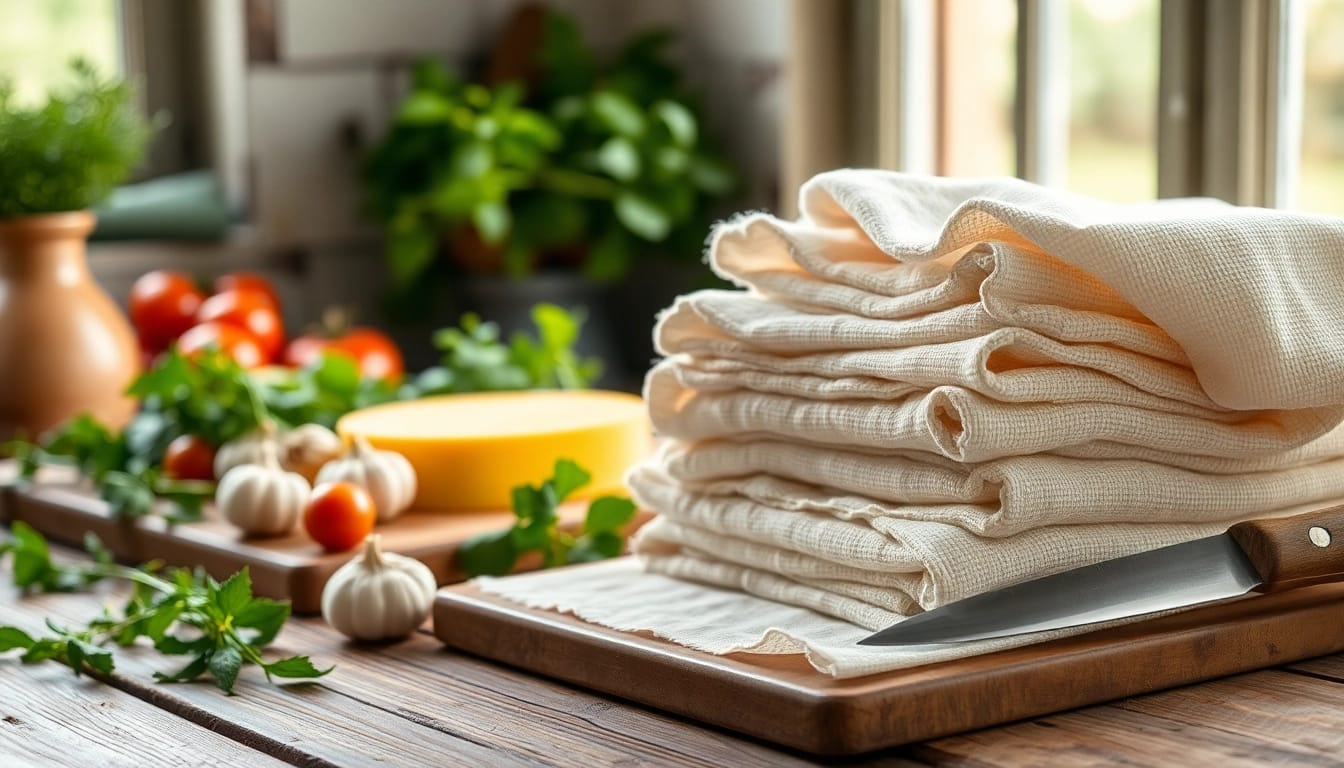 Gebruik van kaasdoek voor het maken van verse kaas en kruiden op een houten tafel.
