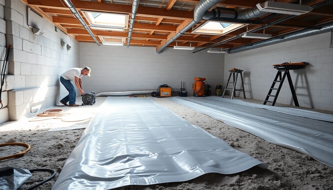 Vapor Barrier Installation process showing a clean, professional crawl space setting.