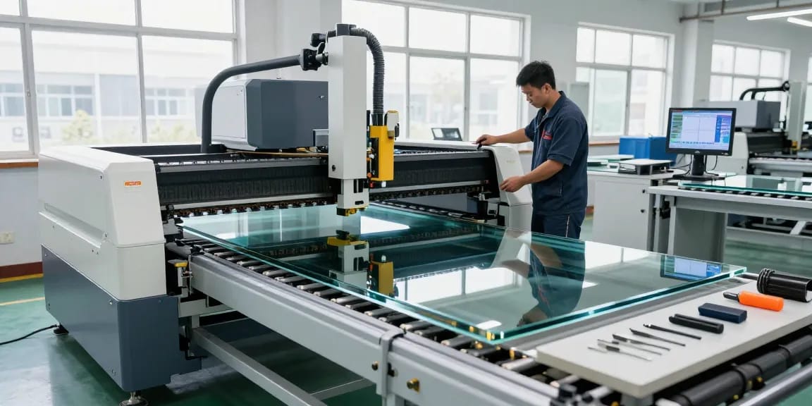 Cutting machine glass cutting large sheets in a modern facility with a technician.
