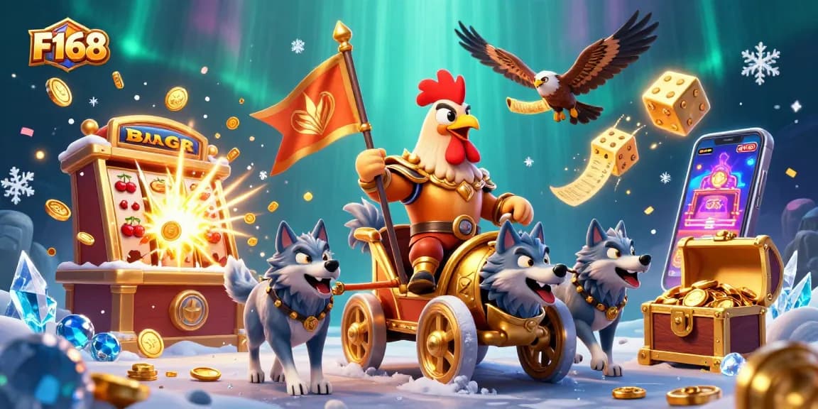 Engage with F168's thrilling jackpot visual, featuring slot machines and vibrant casino elements!