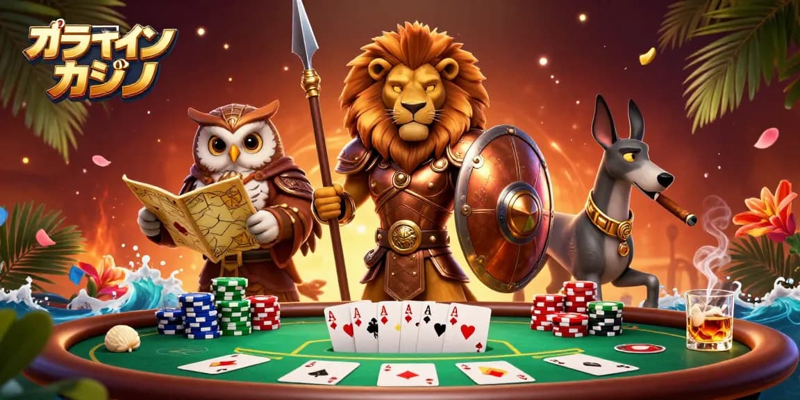 オンラインカジノの戦略的な場面を描いた、スパルタンライオンやフクロウがカードゲームで勝利を目指す様子