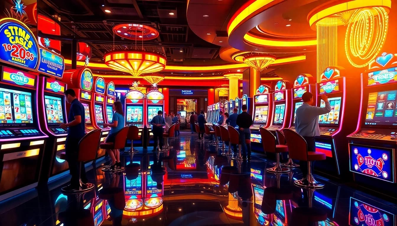 Rasakan kegembiraan slot deposit pulsa tanpa potongan dengan mesin slot yang berwarna-warni dan pemain yang ceria.