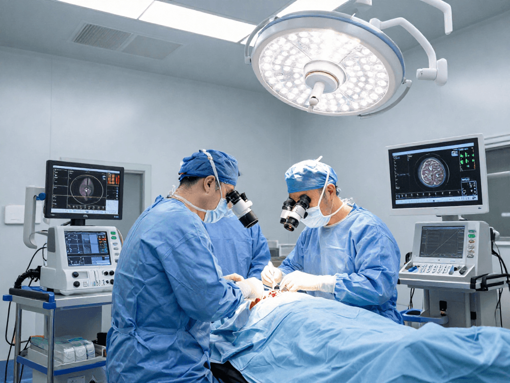 Performing beyin tümörü ameliyatı in a high-tech operating room with advanced equipment and skilled surgical team.