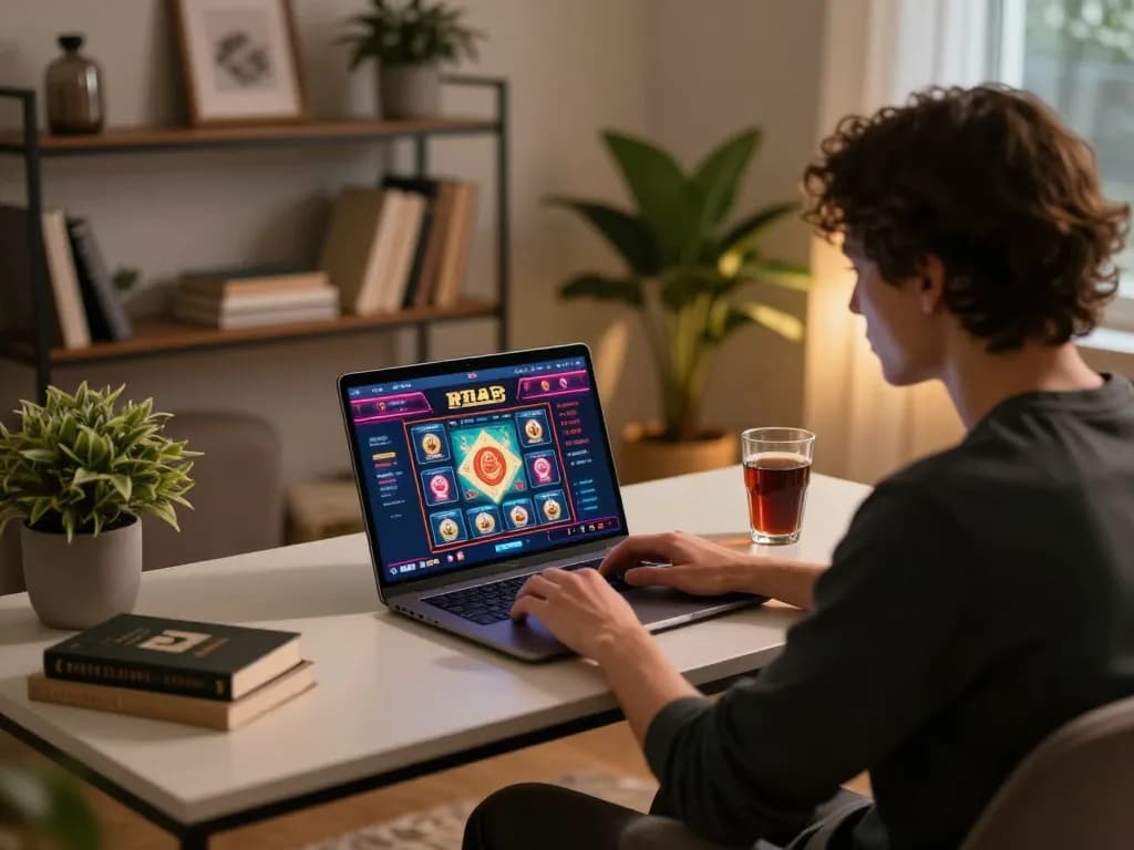 Engaged player exploring online casinos in Canada reddit, focused on strategic gameplay during cozy evening.