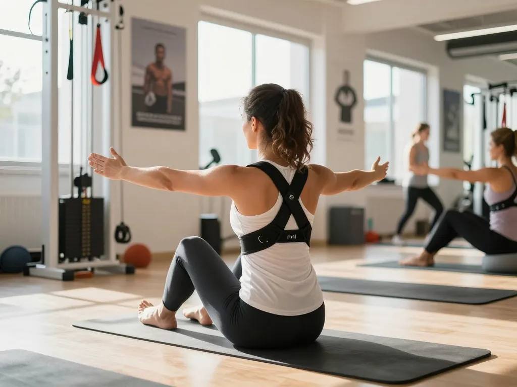 Fivali back brace posture supporting fitness performance in a vibrant gym.