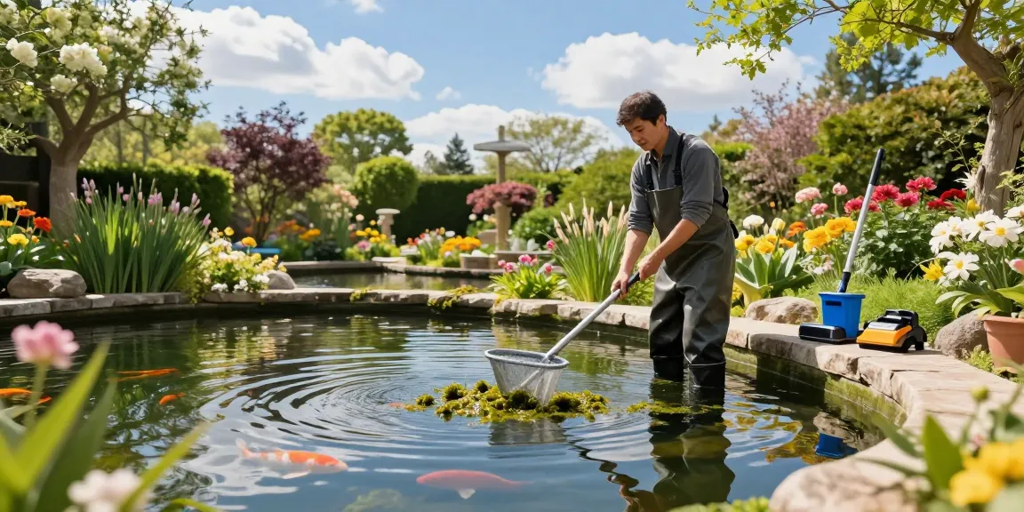 Professional pond cleaning Sussex service in action, highlighting algae removal and lush garden surroundings.