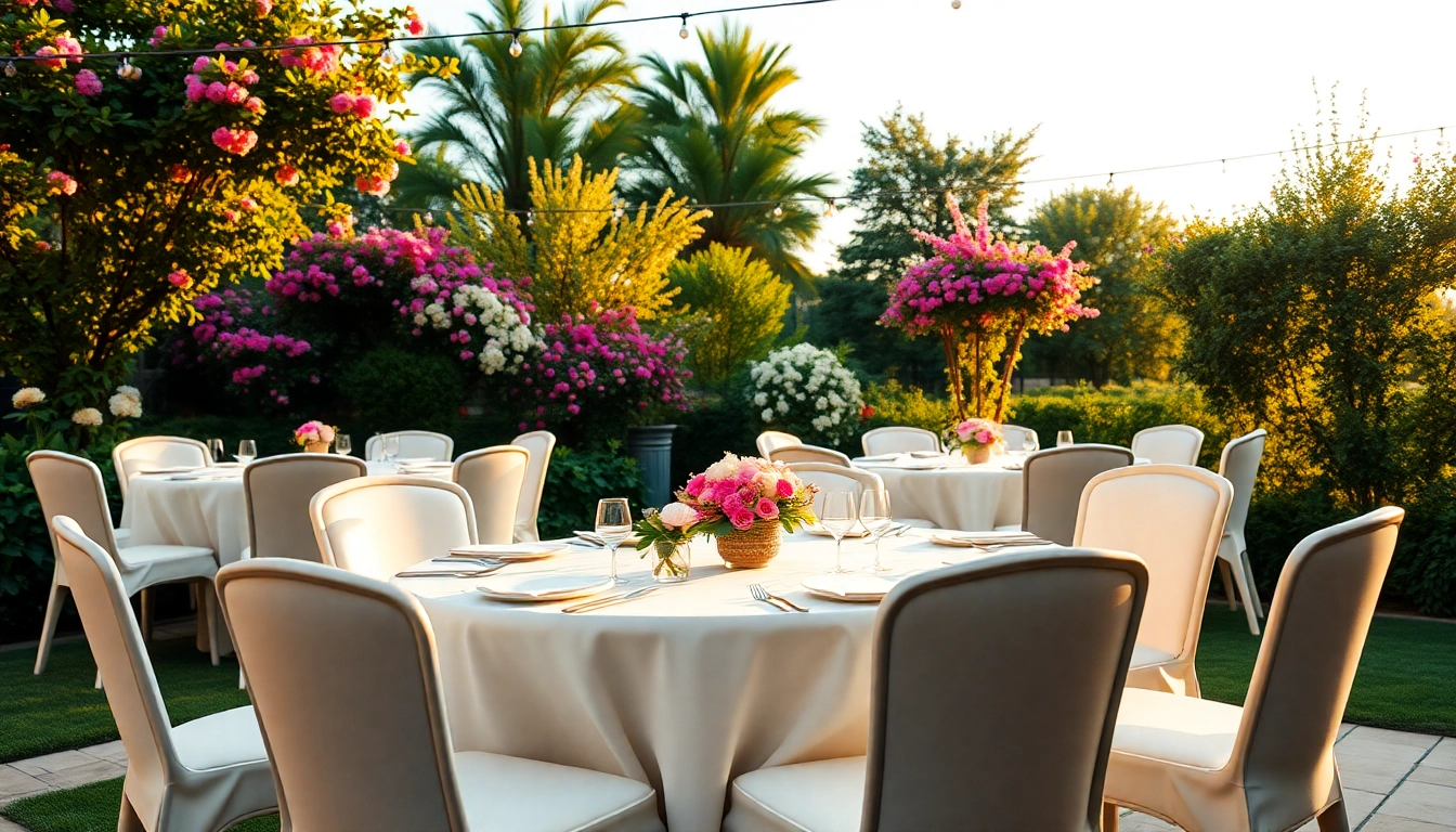 Table & Chair Rentals showcased in an elegant outdoor event setup with floral arrangements.