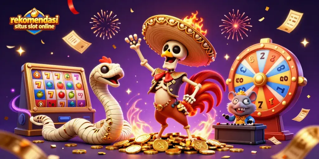 Permainan slot dengan rekomendasi situs slot online, merayakan kemenangan dengan karakter kartun 3D.