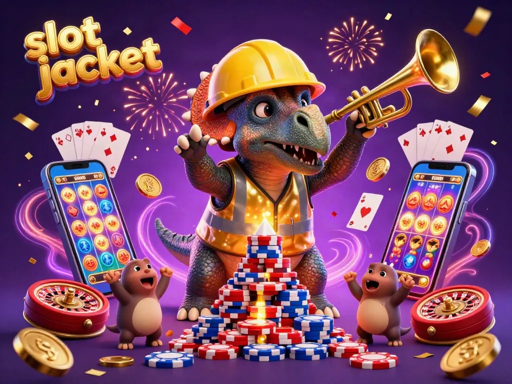Experience thrilling slot jackpot excitement with a cheerful triceratops and dynamic casino elements.