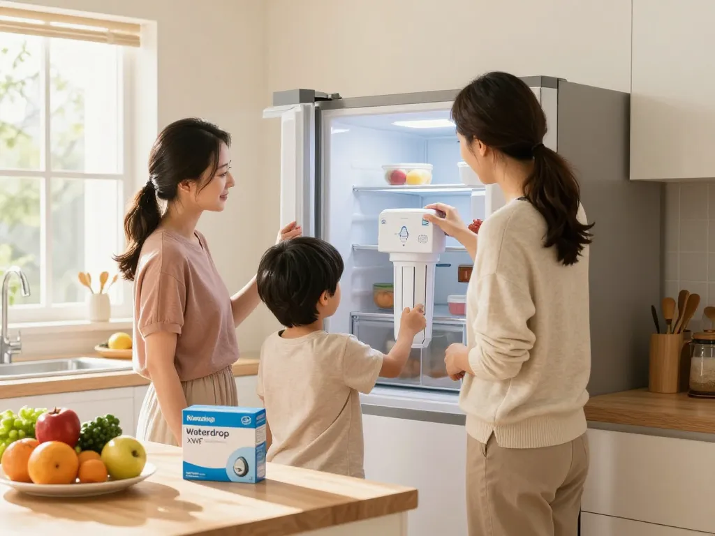 Family learns to replace Waterdrop XWF Refrigerator Water Filter in a bright kitchen with fresh produce.