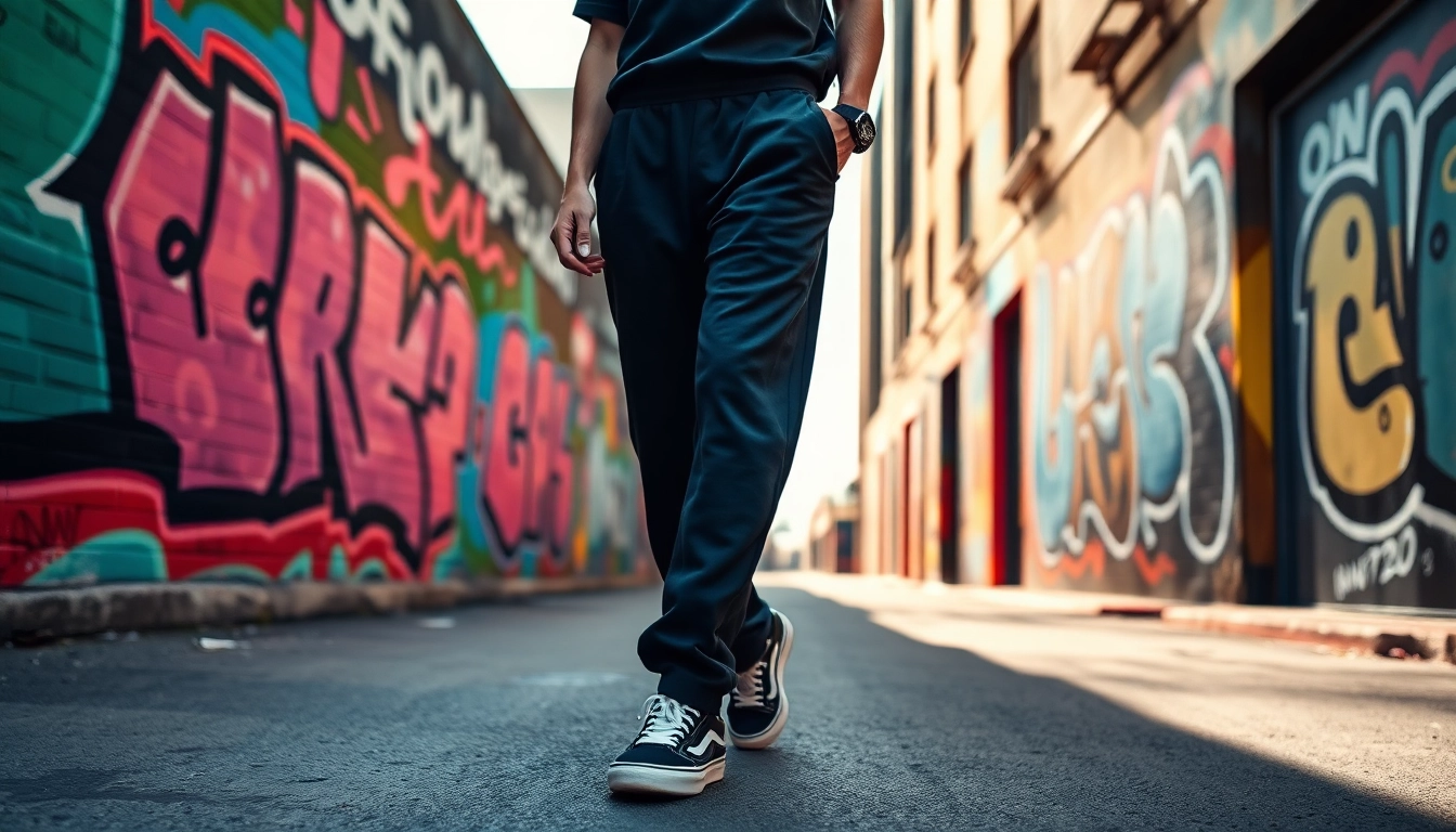 Wearing black baggy sweatpants while walking confidently in an urban environment.
