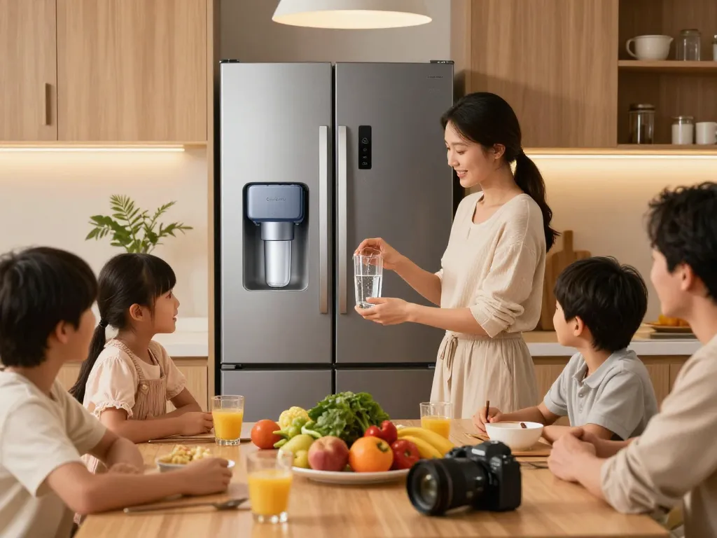 Overbest DA29-00020B Refrigerator Water Filter being showcased in a modern kitchen, family enjoying fresh water together.