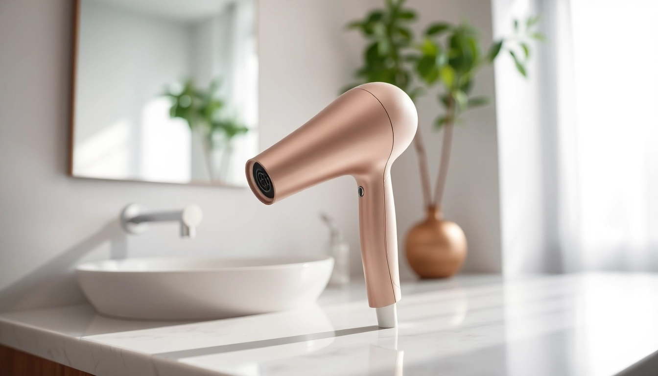 Ionic hair dryer showcasing sleek design and metallic finish in a modern bathroom setting.