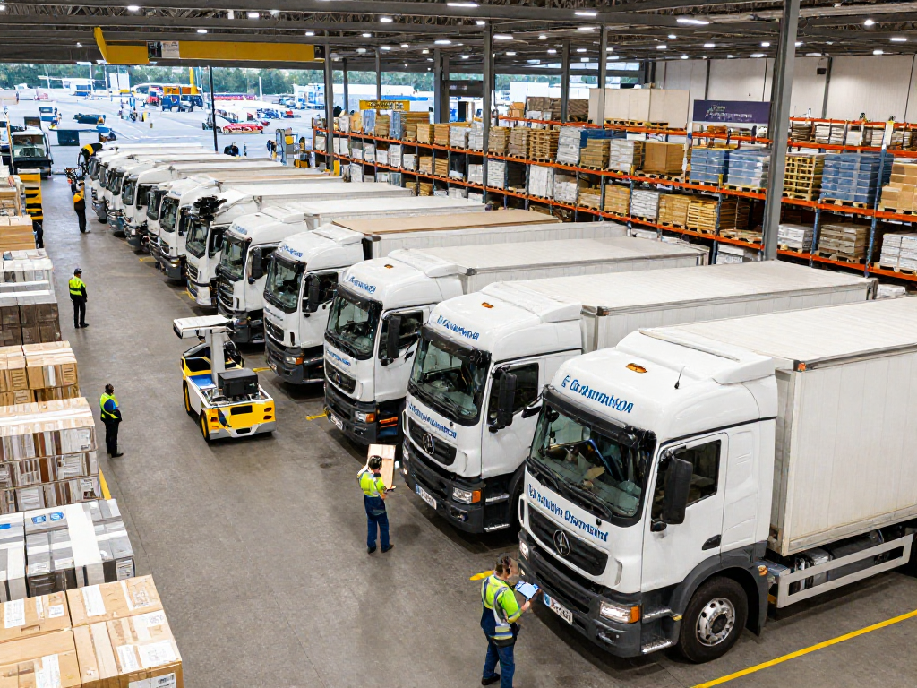 LKW Spedition Dortmund: Logistische Aktivitäten in einem modernen Verladekreis mit transportierenden LKWs.