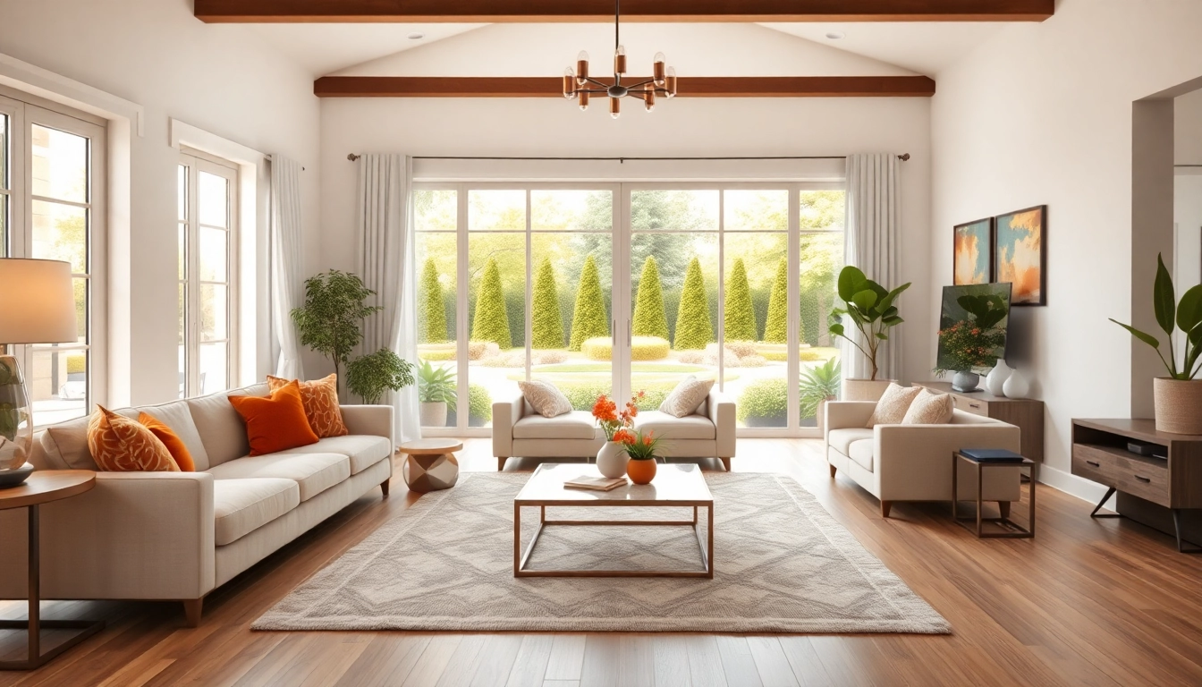 Real Estate agent presenting a beautiful modern house interior in an inviting atmosphere.