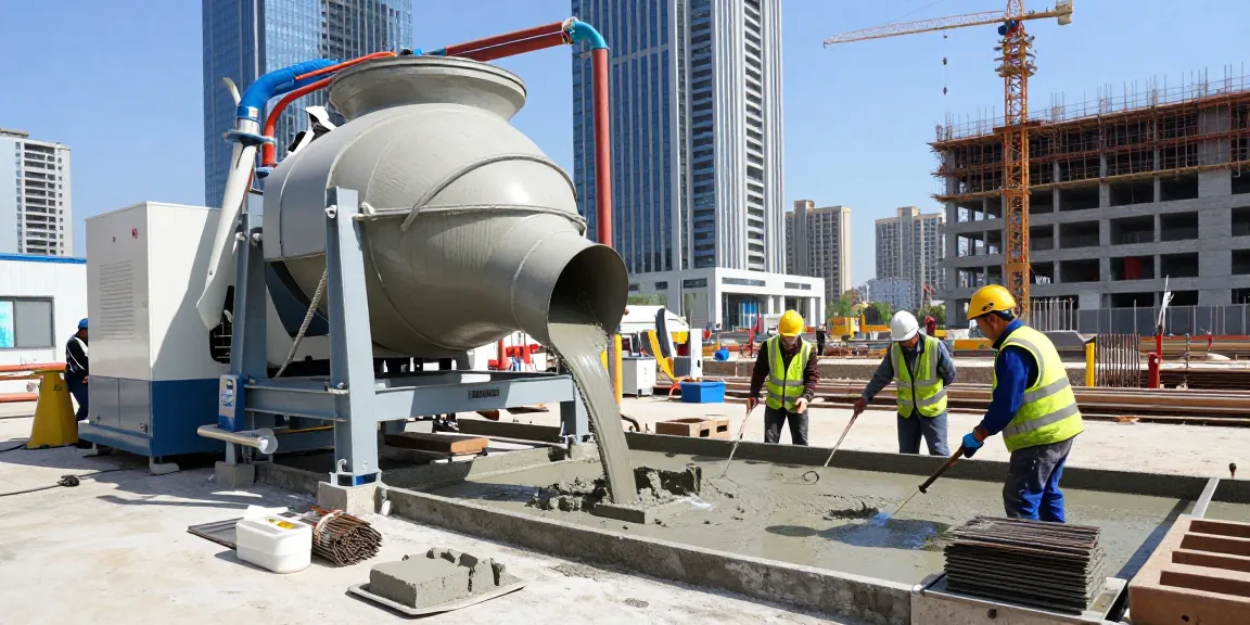 NAGA2000 application in advanced concrete technology with skilled workers pouring high-performance concrete on a modern construction site.