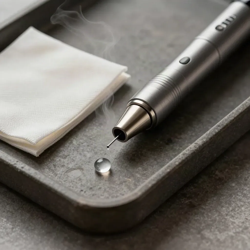 Sterile microneedling pen, open cartridge, gauze, stone tray, and serum bead in a top-down close-up.