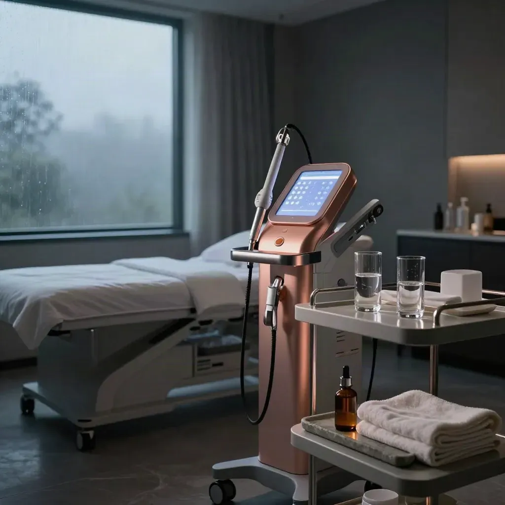 Luxury aesthetic treatment suite with devices, towels, stone trays, and misty window light
