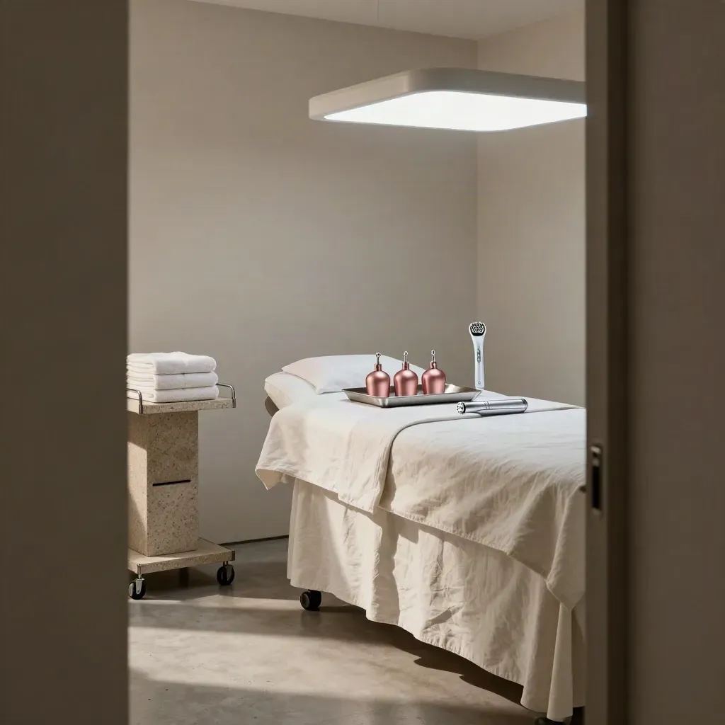 Serene aesthetic treatment room with LED panel, peel cups, microneedling pen and folded towels.