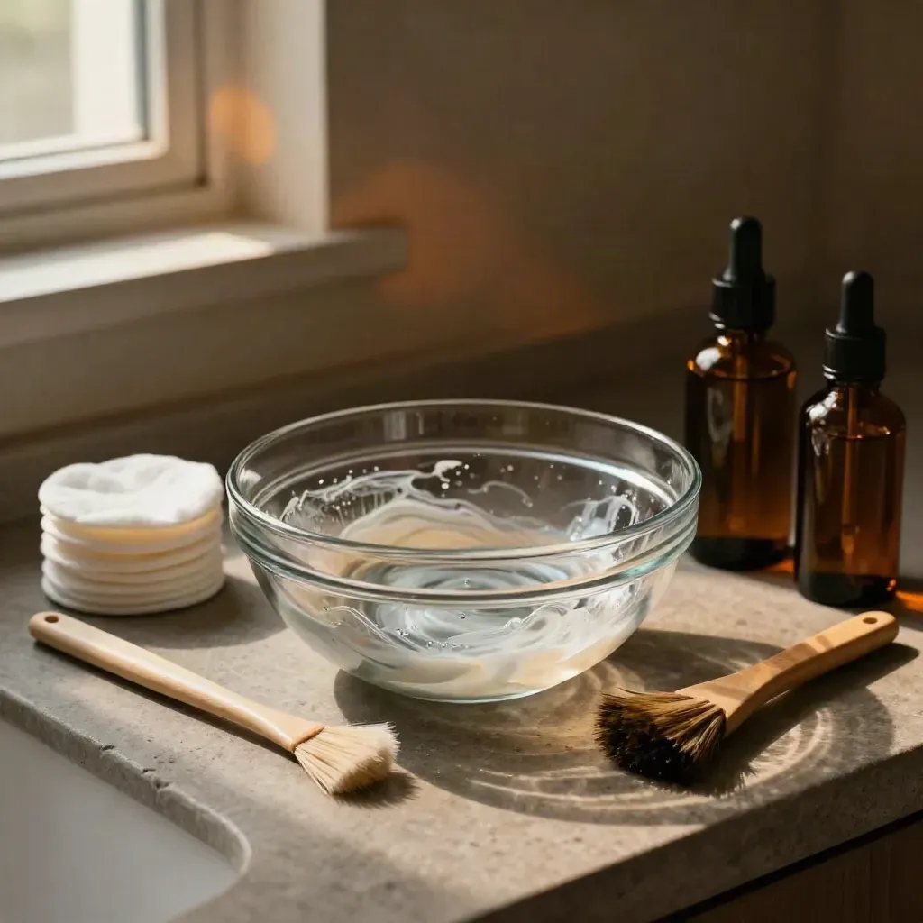 Glass bowl of peel residue with fan brush, cotton rounds and amber bottles on a stone counter.