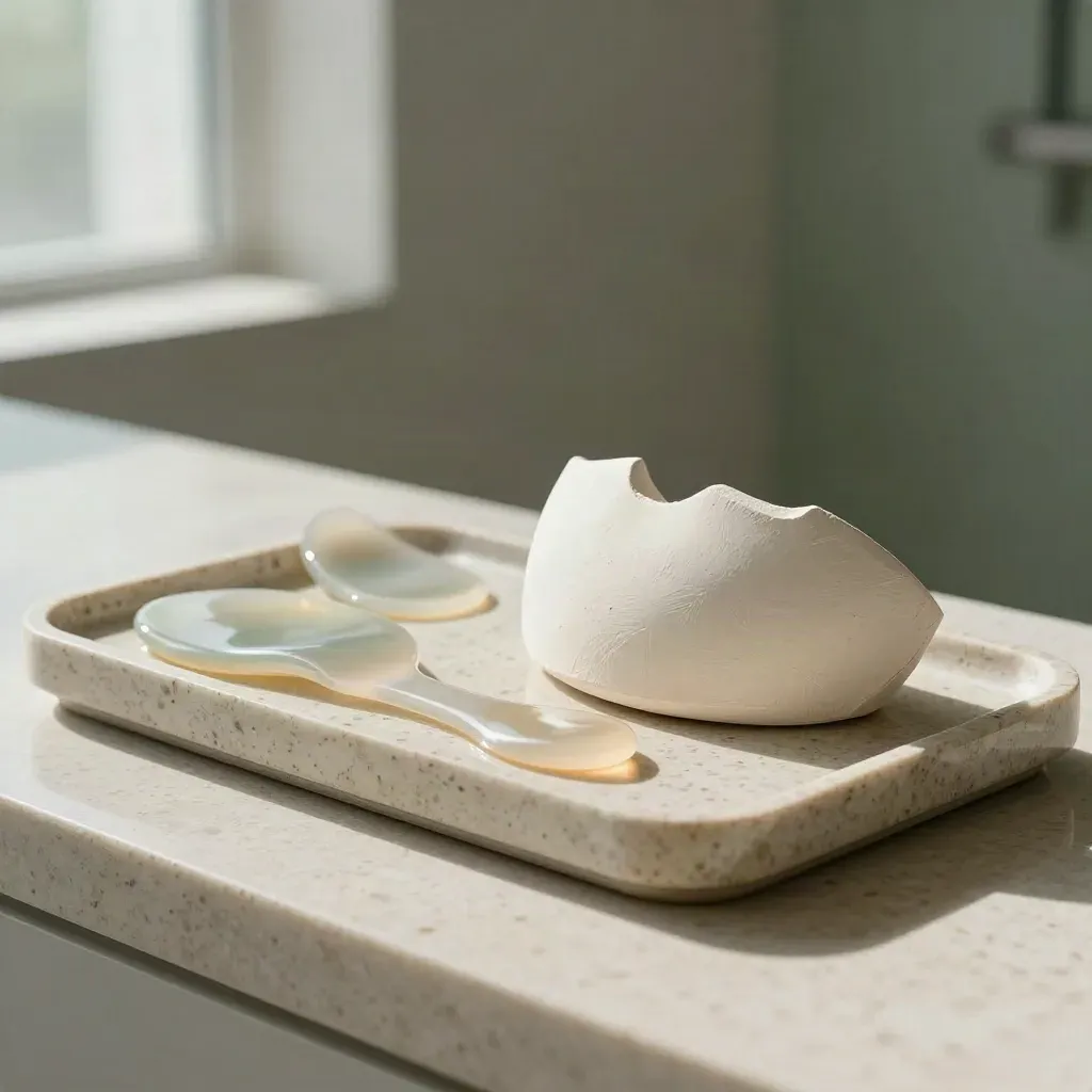 Tightening wand, gel pads, and plaster jawline form on a travertine tray in soft clinic light.