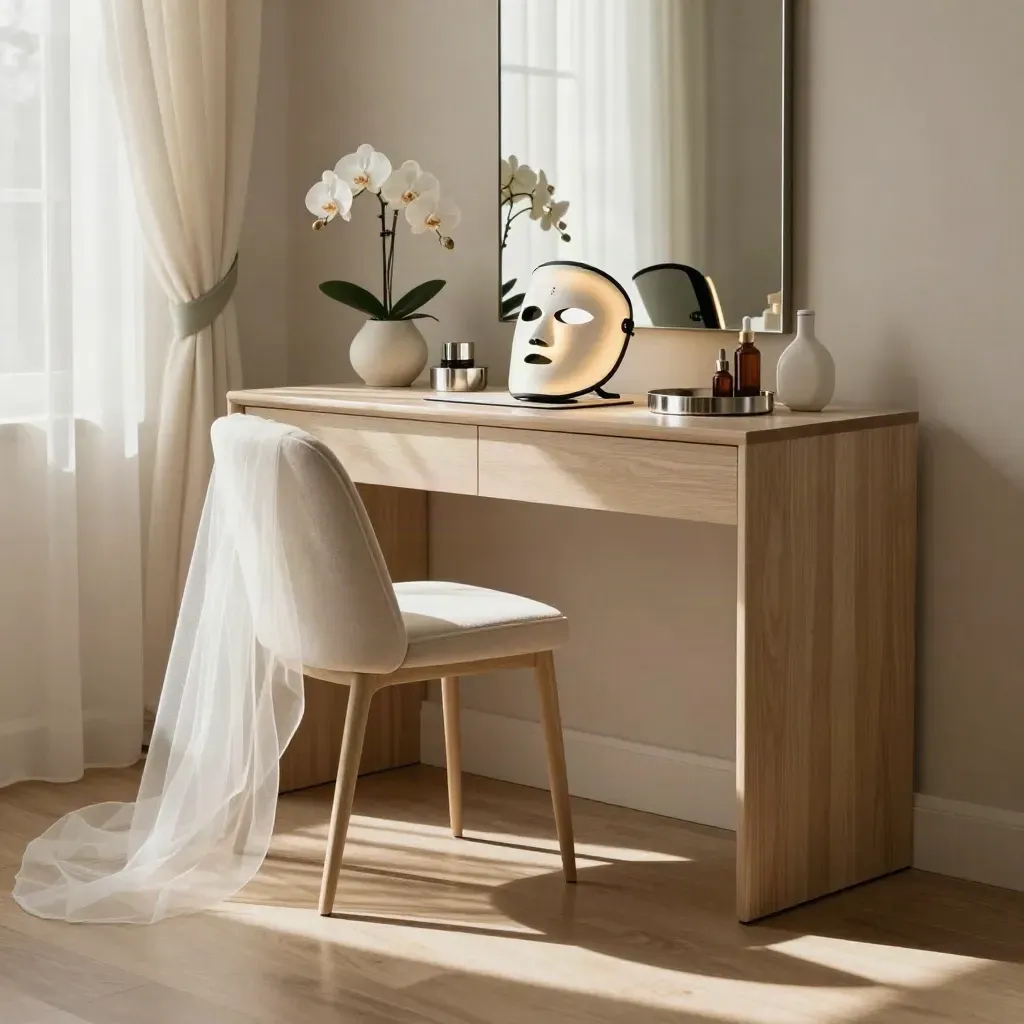 Bridal vanity with LED mask, orchid, veil and skincare tray in warm morning light