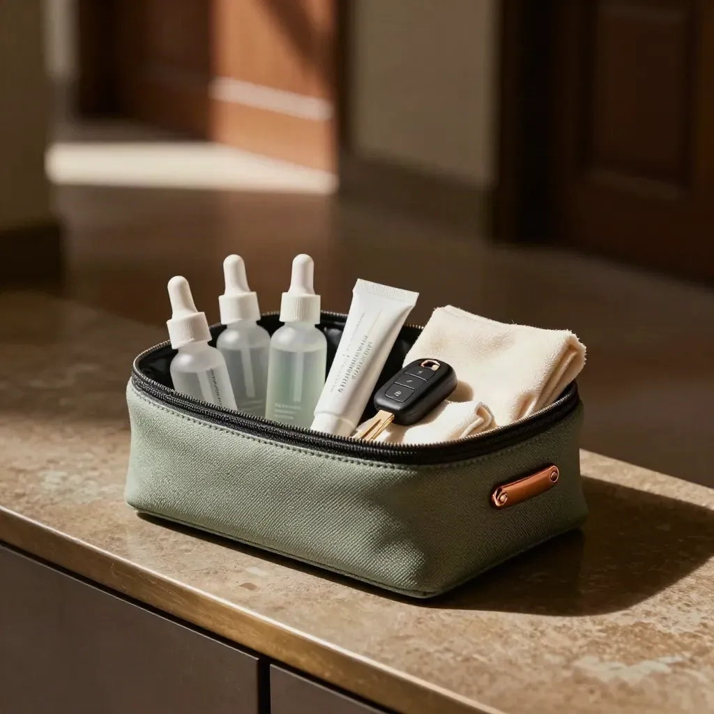 Travel skincare caddy, serum minis, and car keys on a hallway console by the door
