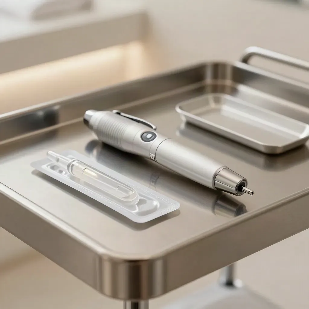 Microneedling tools on a stainless treatment cart, with ampoules and sterile cartridges.