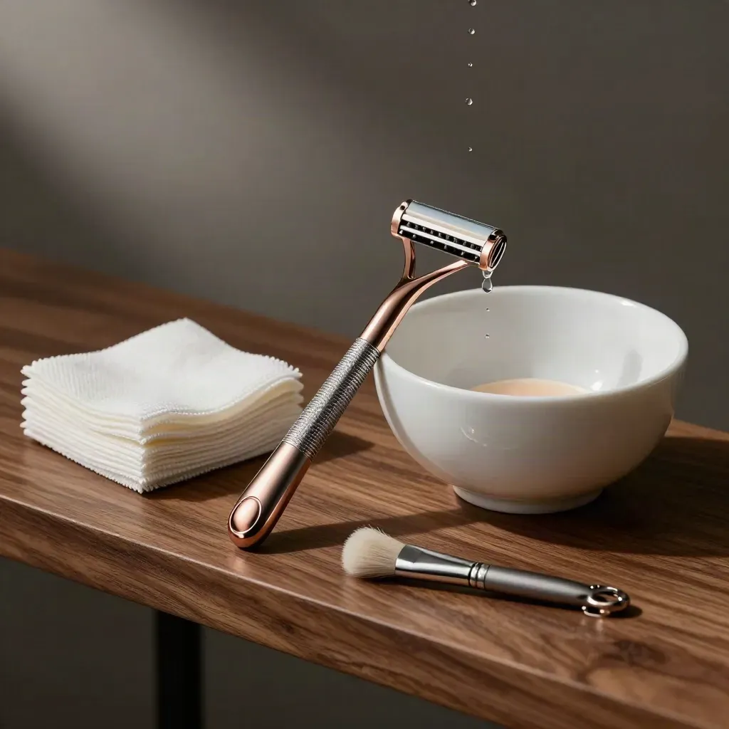 Dermaplaning razor, gauze, peel brush and ceramic bowl on walnut shelf
