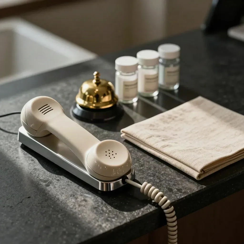 Landline handset, brass bell, sealed sample jars and linen folder on a dark front desk counter.