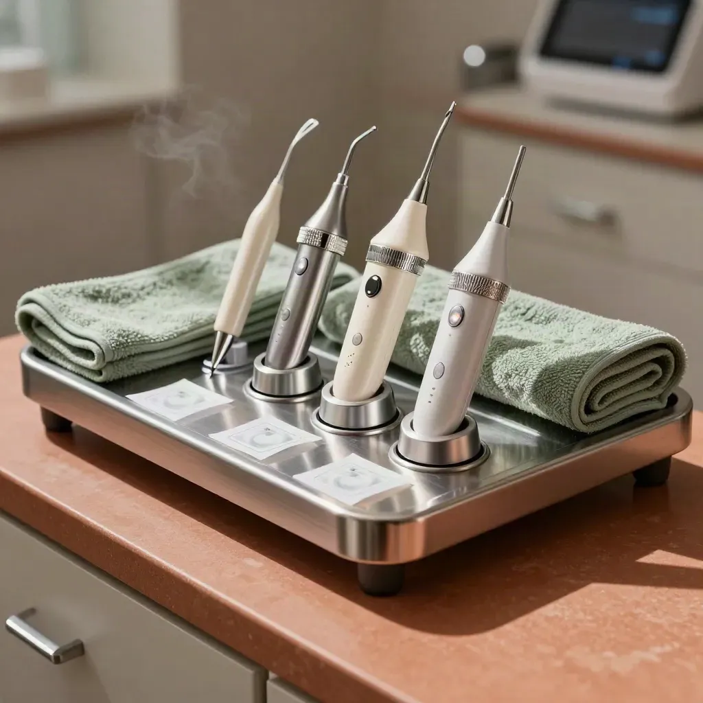 Glowing aesthetic devices on a stainless rack with sage towels and sterile seals.