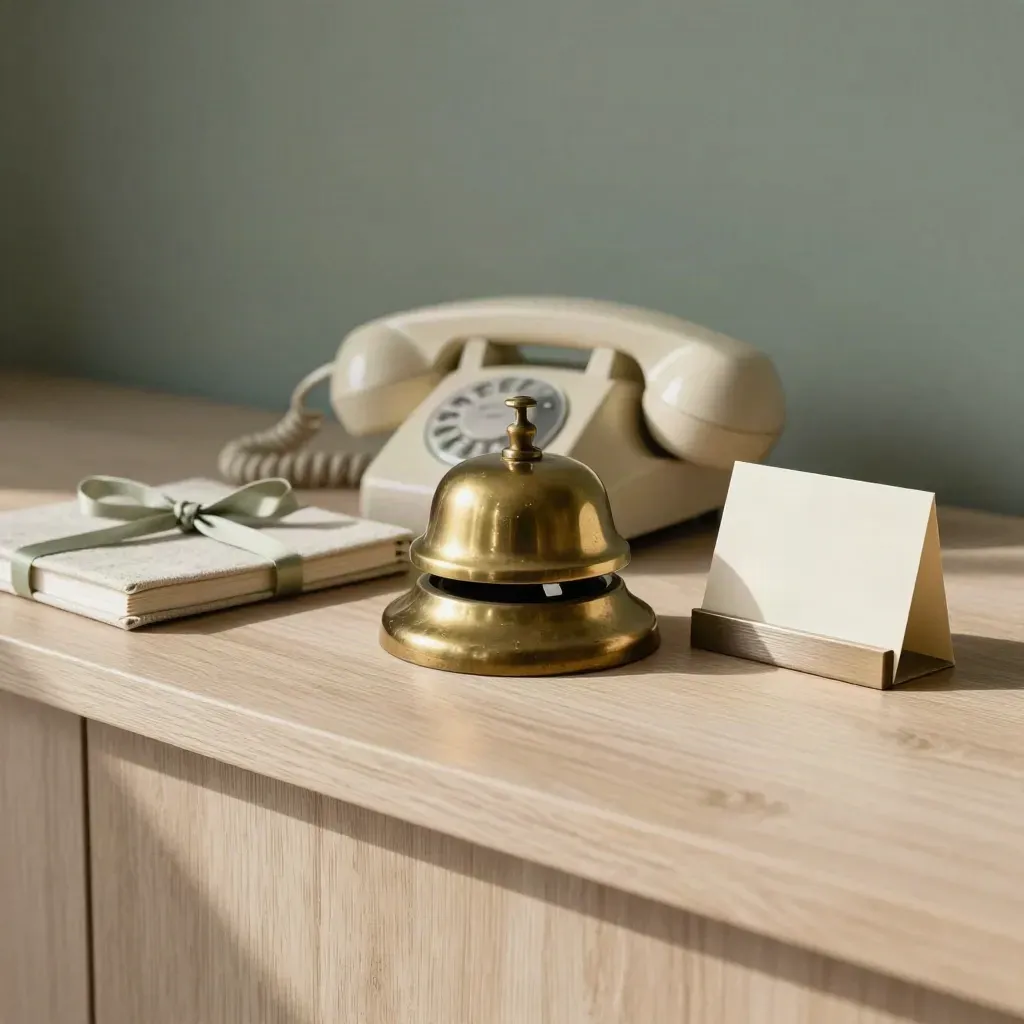 Brass service bell, vintage handset and linen notebook on pale wood in soft morning light.