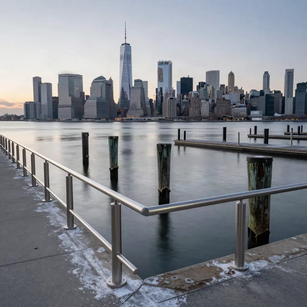 Hudson piers and Lower Manhattan skyline at blue hour over a calm hazy river