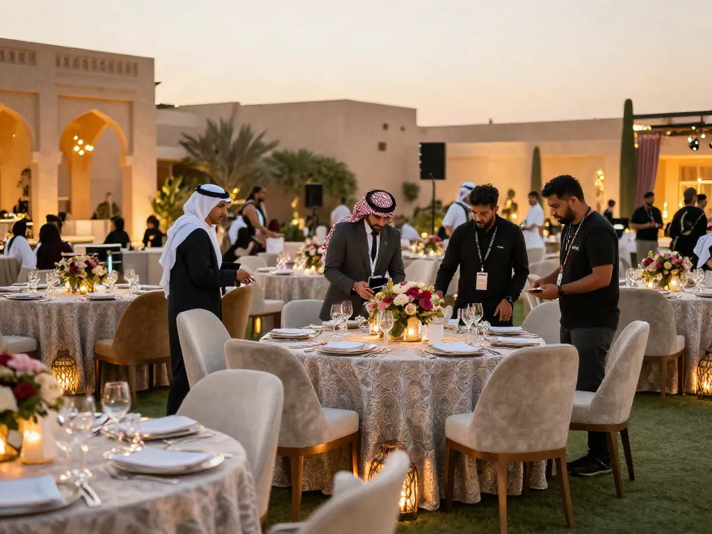 Event furniture rental setup featuring elegant tables and chairs in a luxurious Saudi Arabian outdoor venue