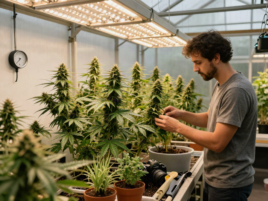 Cultivating Camino cannabis in an indoor greenhouse with vibrant plants and gardening tools.