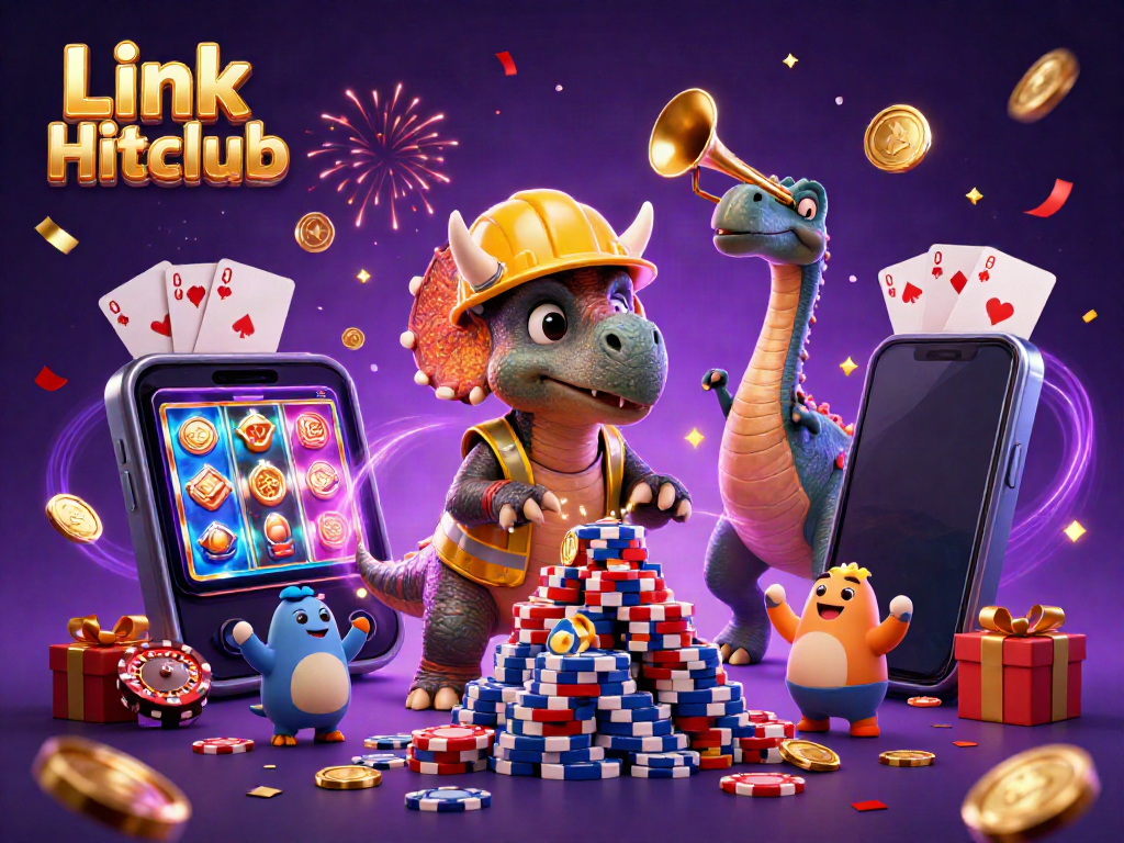 Engage with Link Hitclub as a triceratops builds a poker chip pyramid amid a festive celebration.