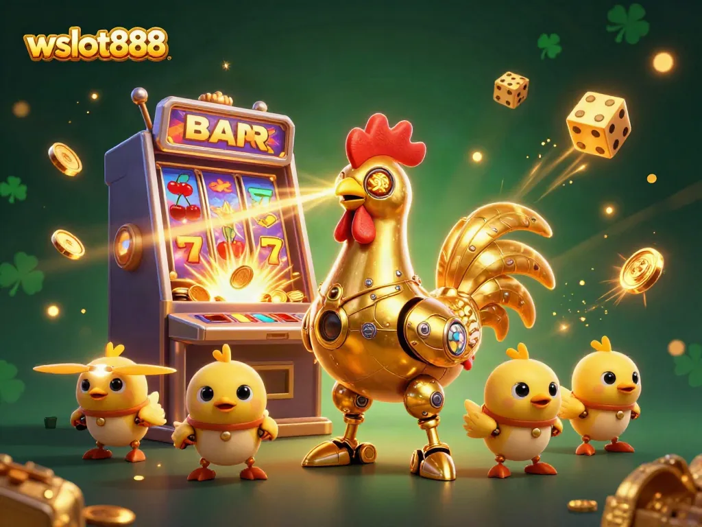 Ilustrasi WSLOT888 menunjukkan robot ayam futuristik dengan slot mesin yang meledak jackpot.