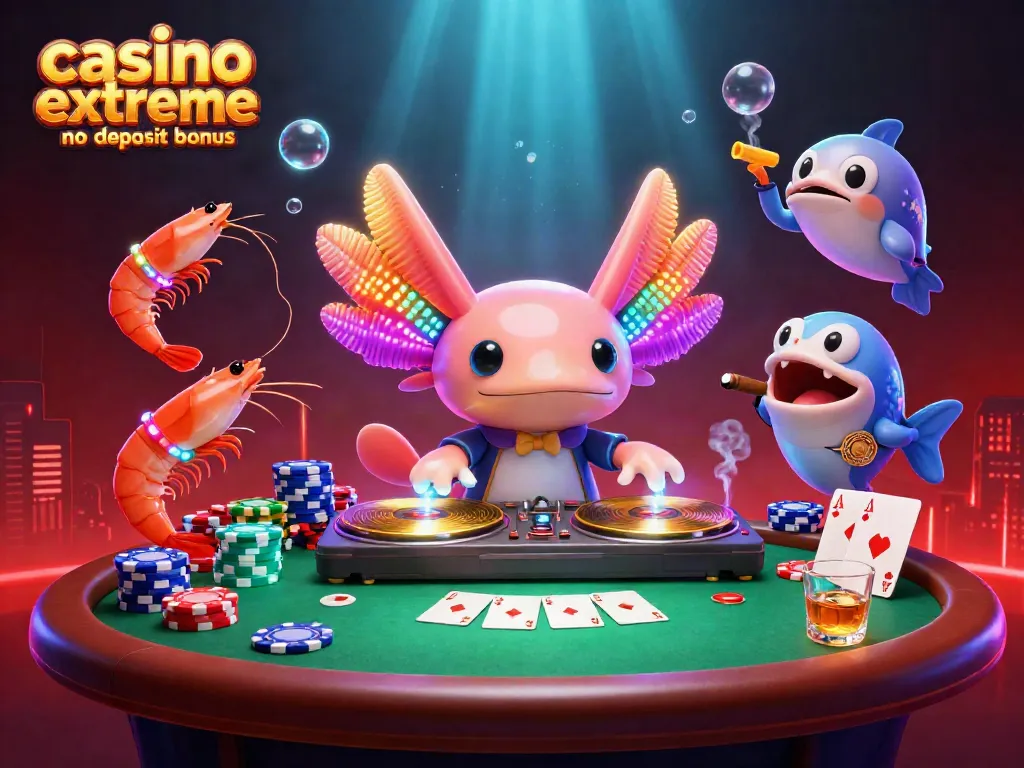 Experience the excitement of the casino extreme no deposit bonus with vibrant 3D characters dancing and playing cards.