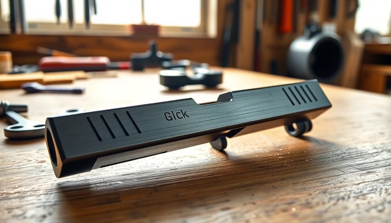 Display of Glock 17 slide OEM highlighting its detailed craftsmanship and robust design.
