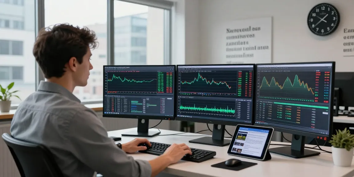 MetaTrader 5 trading scene with trader analyzing forex charts and automated trading tools.