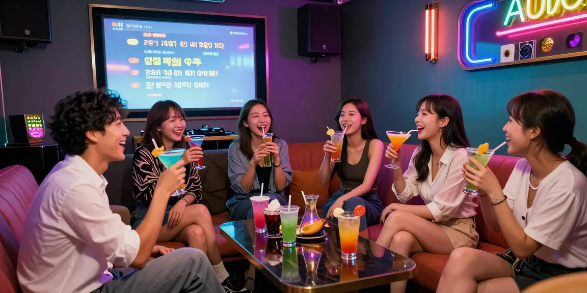 Jeju Island nightlife experience at a karaoke room showcasing 제주도유흥 atmosphere with friends enjoying drinks and music.