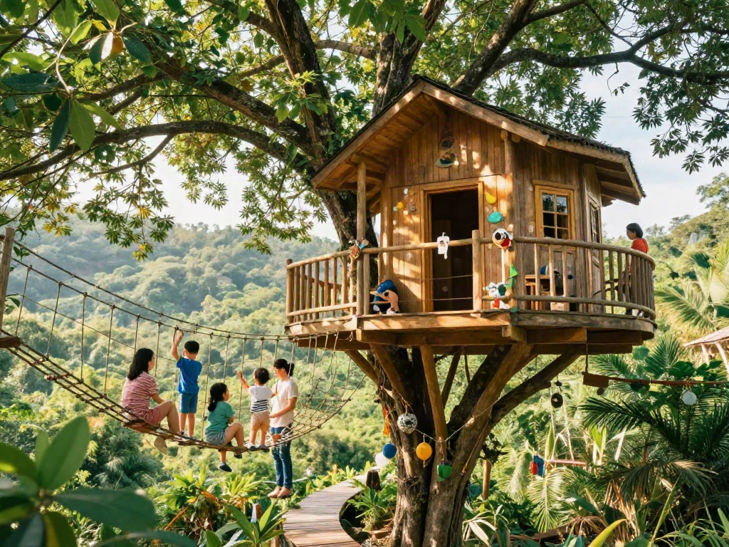 Family enjoying tree house life with playful activities in a lush green forest