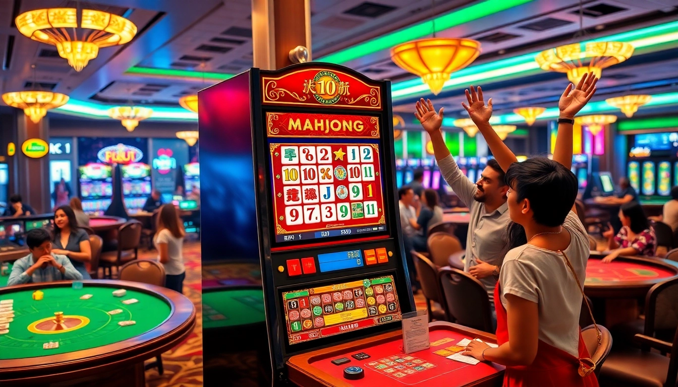 Exciting scene showcasing players enjoying a slot demo mahjong game in a bustling casino environment.