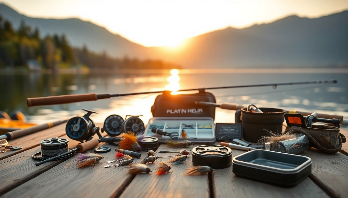 Showcase of fly fishing accessories including rods and reels on a rustic table.