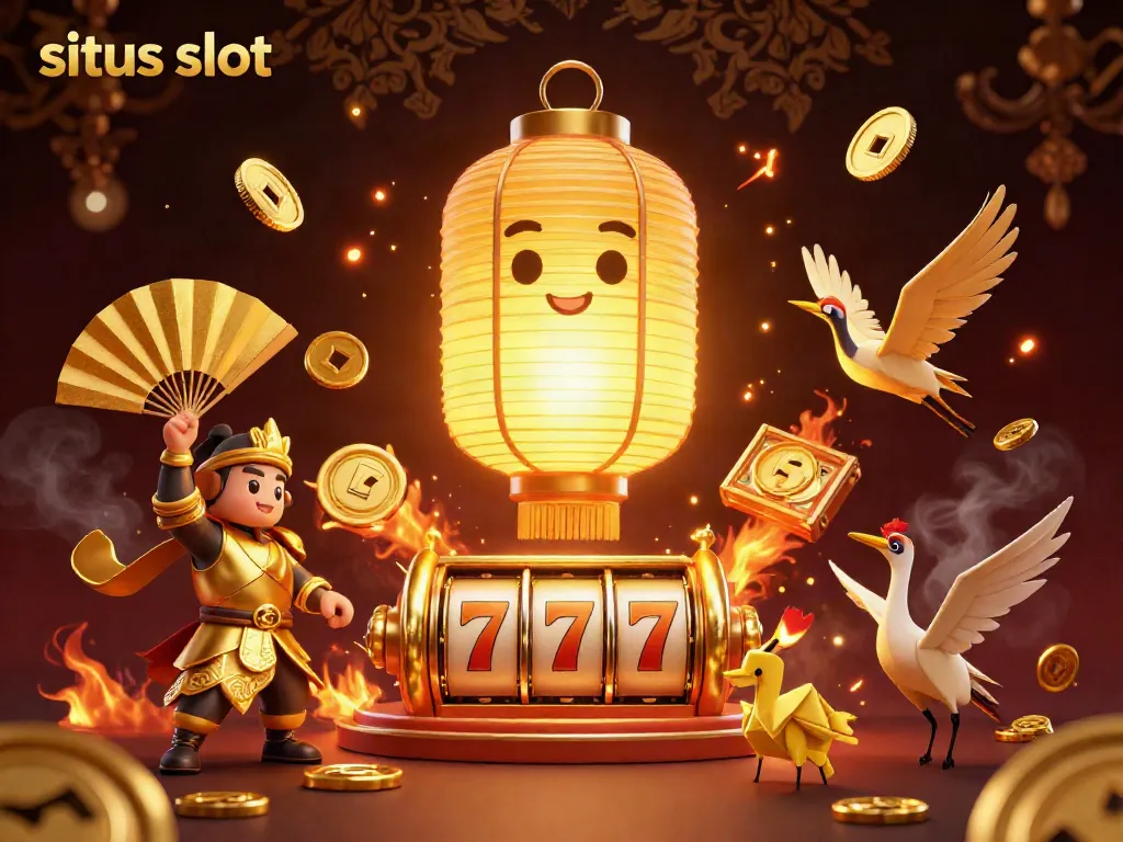 Experience situs slot excitement with a glowing lantern spirit and dynamic casino scene.